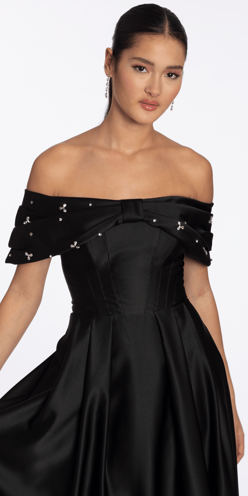 black/size/4/missy/Camille La Vie/Satin Off the Shoulder Ballgown with Rhinestone Bow Detail /close up alt 1