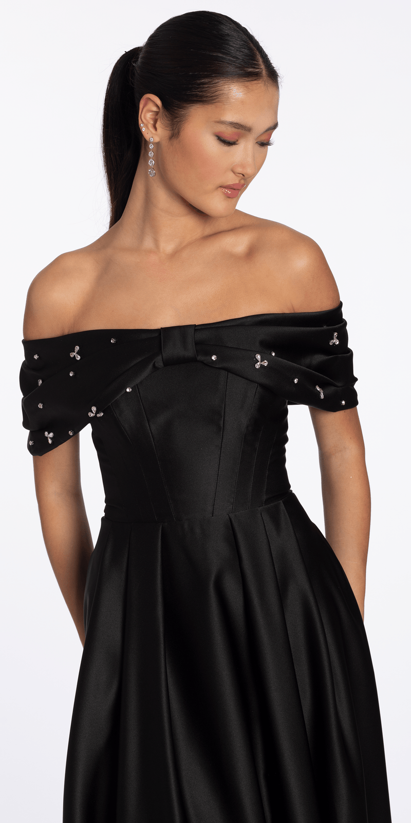 Satin Off the Shoulder Ballgown with Rhinestone Bow Detail - Camille La Vie