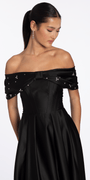 Satin Off the Shoulder Ballgown with Rhinestone Bow Detail - Camille La Vie