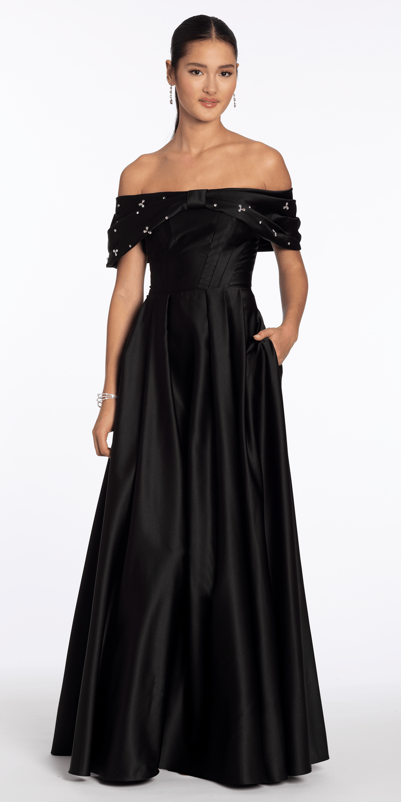 Satin Off the Shoulder Ballgown with Rhinestone Bow Detail - Camille La Vie