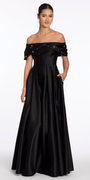 Satin Off the Shoulder Ballgown with Rhinestone Bow Detail - Camille La Vie