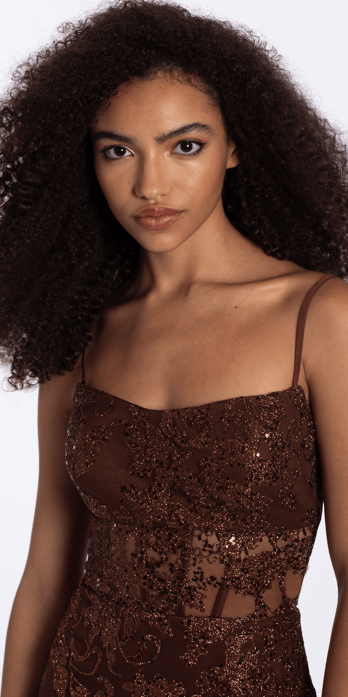 brown/size/4/missy/Camille La Vie /Glitter Mesh Bodycon Dress with Illusion Corset Bodice/close up