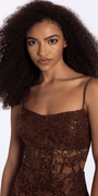 brown/size/4/missy/Camille La Vie /Glitter Mesh Bodycon Dress with Illusion Corset Bodice/close up