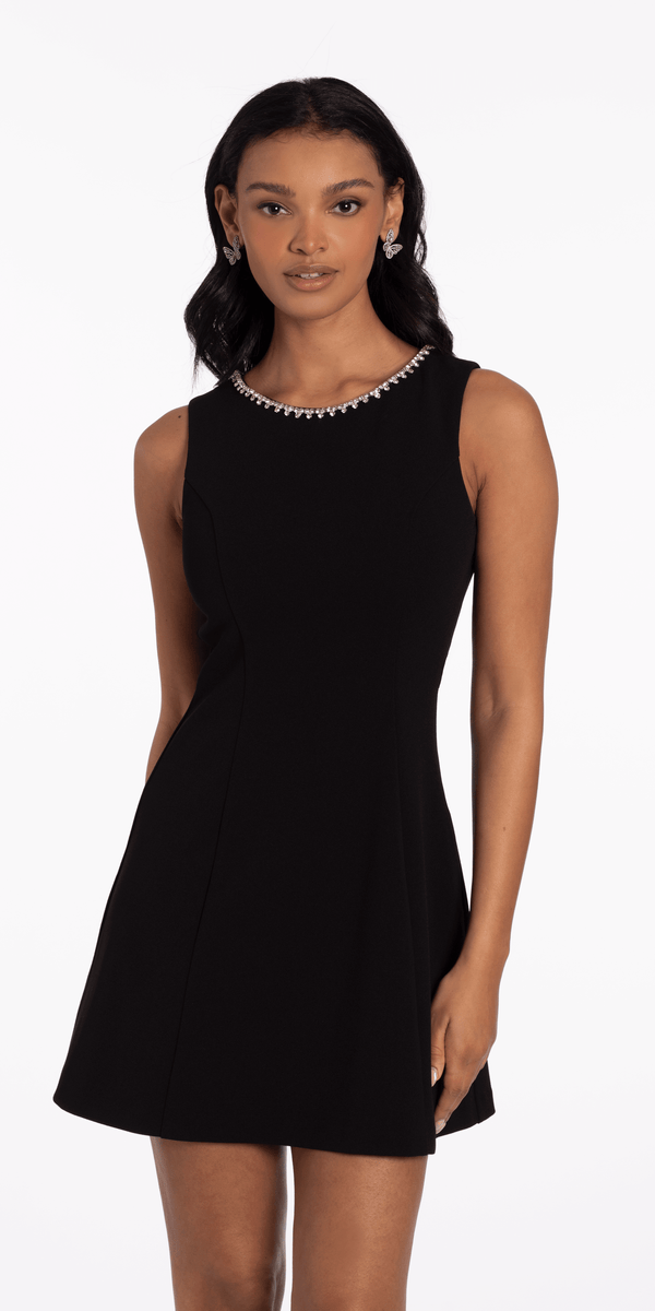 Rhinestone Open Heart Back Scuba Skater Dress - Camille La Vie