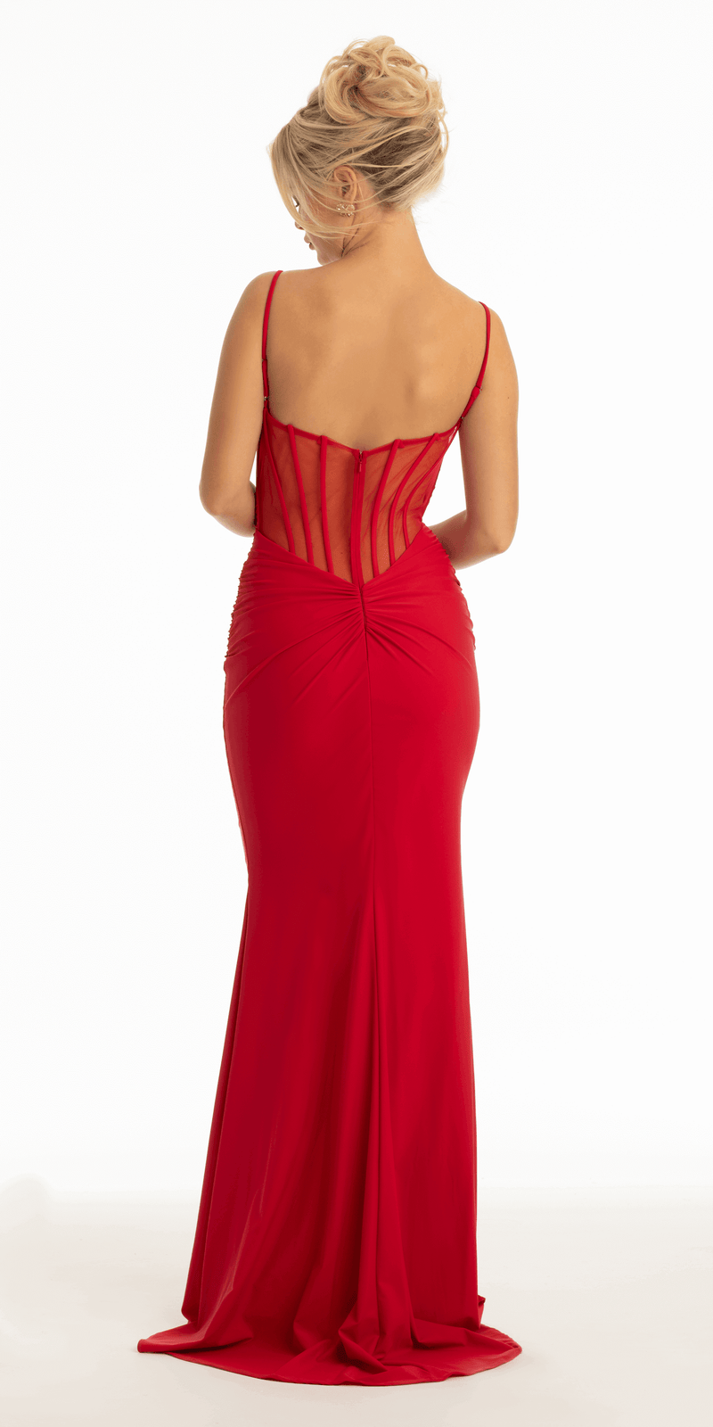 Jersey Ruched Plunging Corset Back Trumpet Dress - Camille La Vie