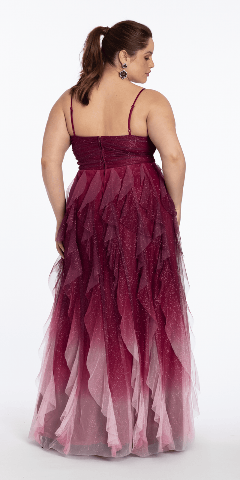 Ombre Glitter Mesh V Neck Ballgown with Tendrils - Camille La Vie