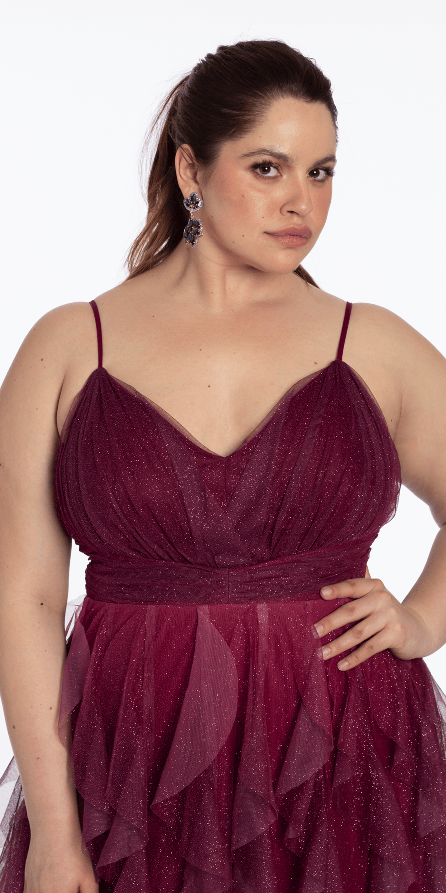 Ombre Glitter Mesh V Neck Ballgown with Tendrils - Camille La Vie