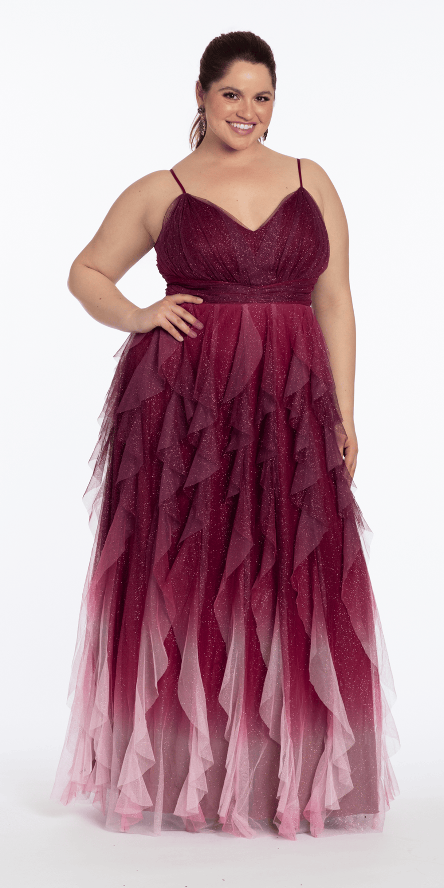 Ombre Glitter Mesh V Neck Ballgown with Tendrils - Camille La Vie