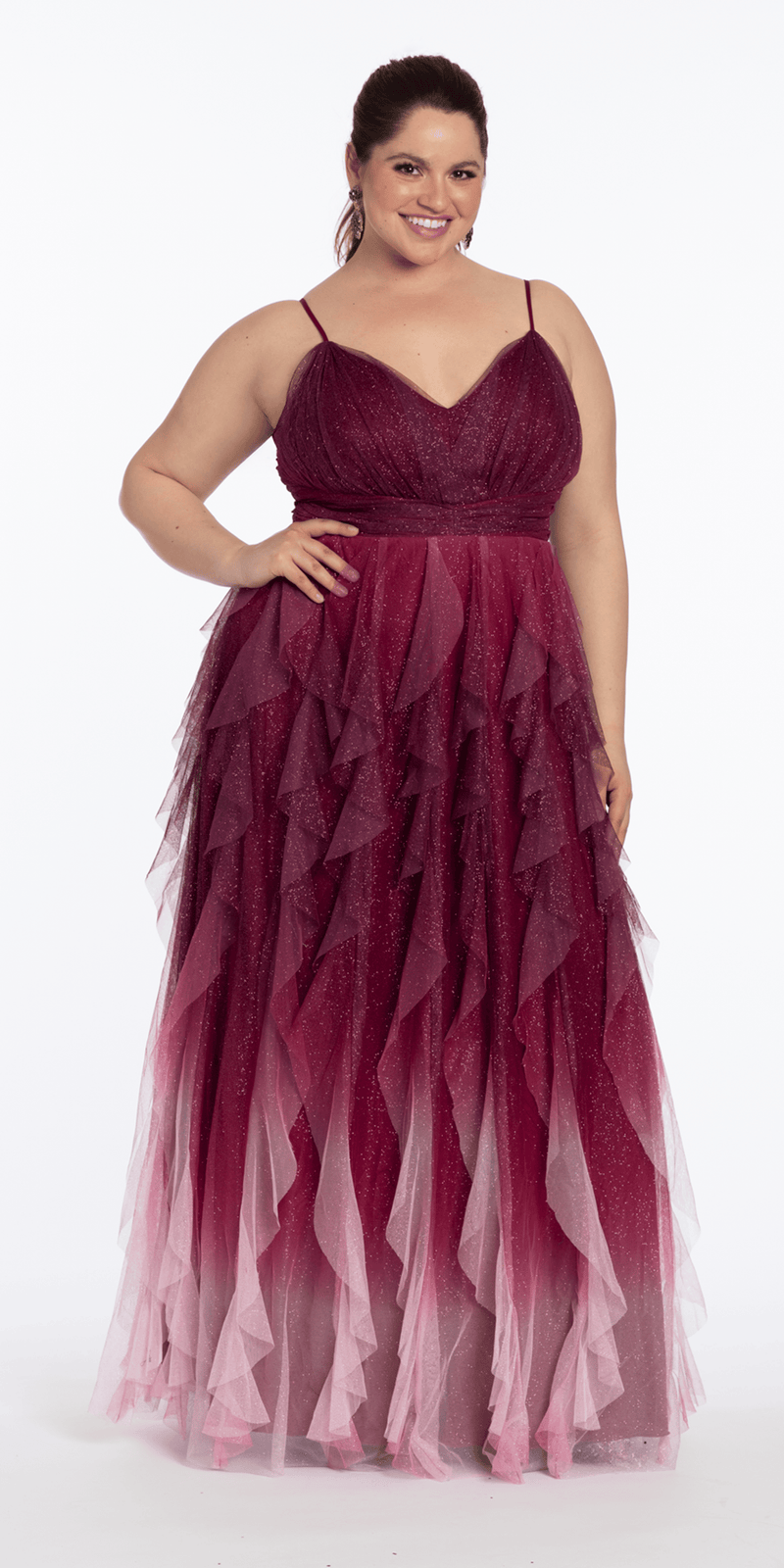 Ombre Glitter Mesh V Neck Ballgown with Tendrils - Camille La Vie