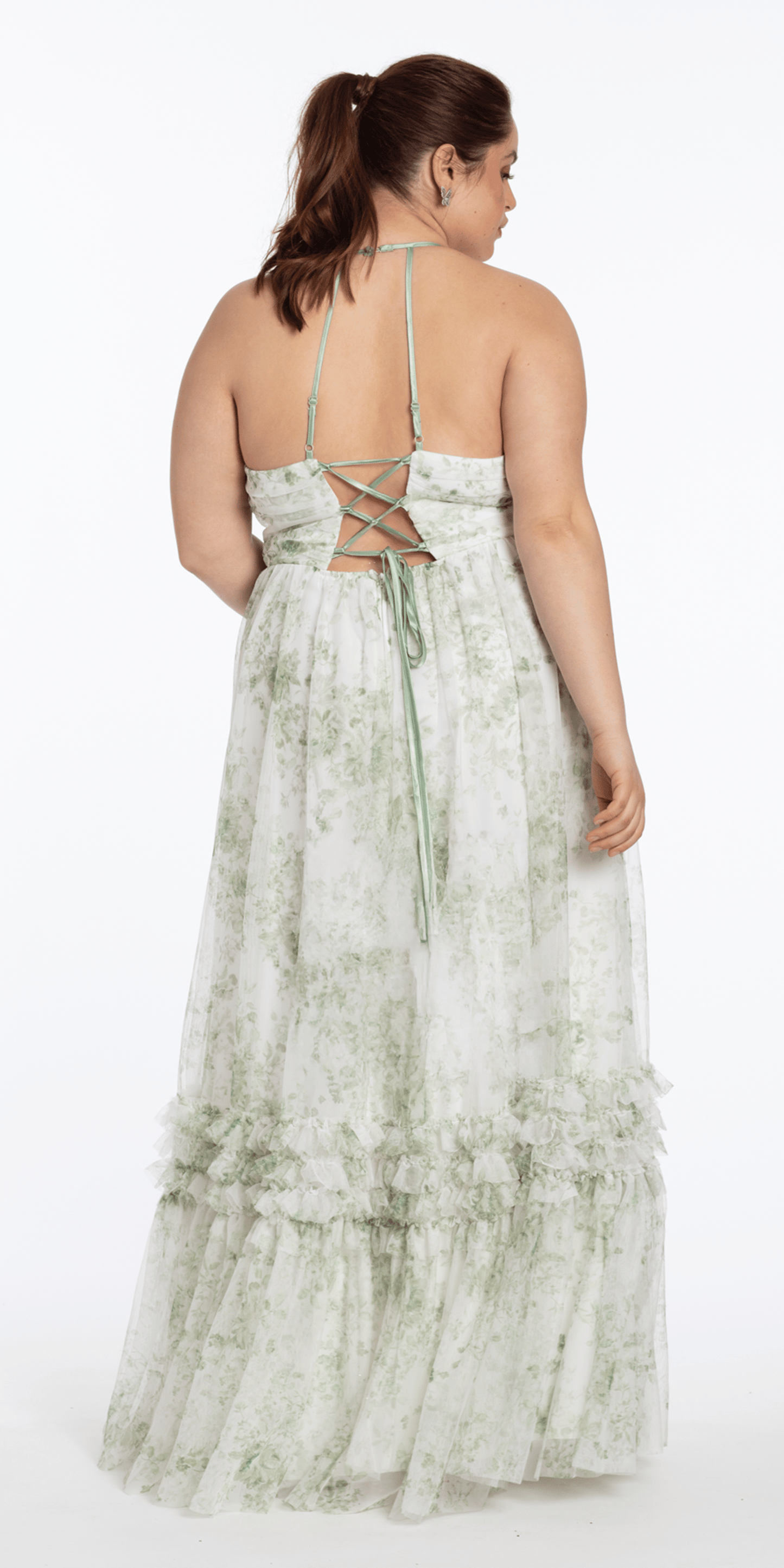 Floral Mesh Strappy Back Halter A Line Dress with Ruffle Tiered Hem - Camille La Vie