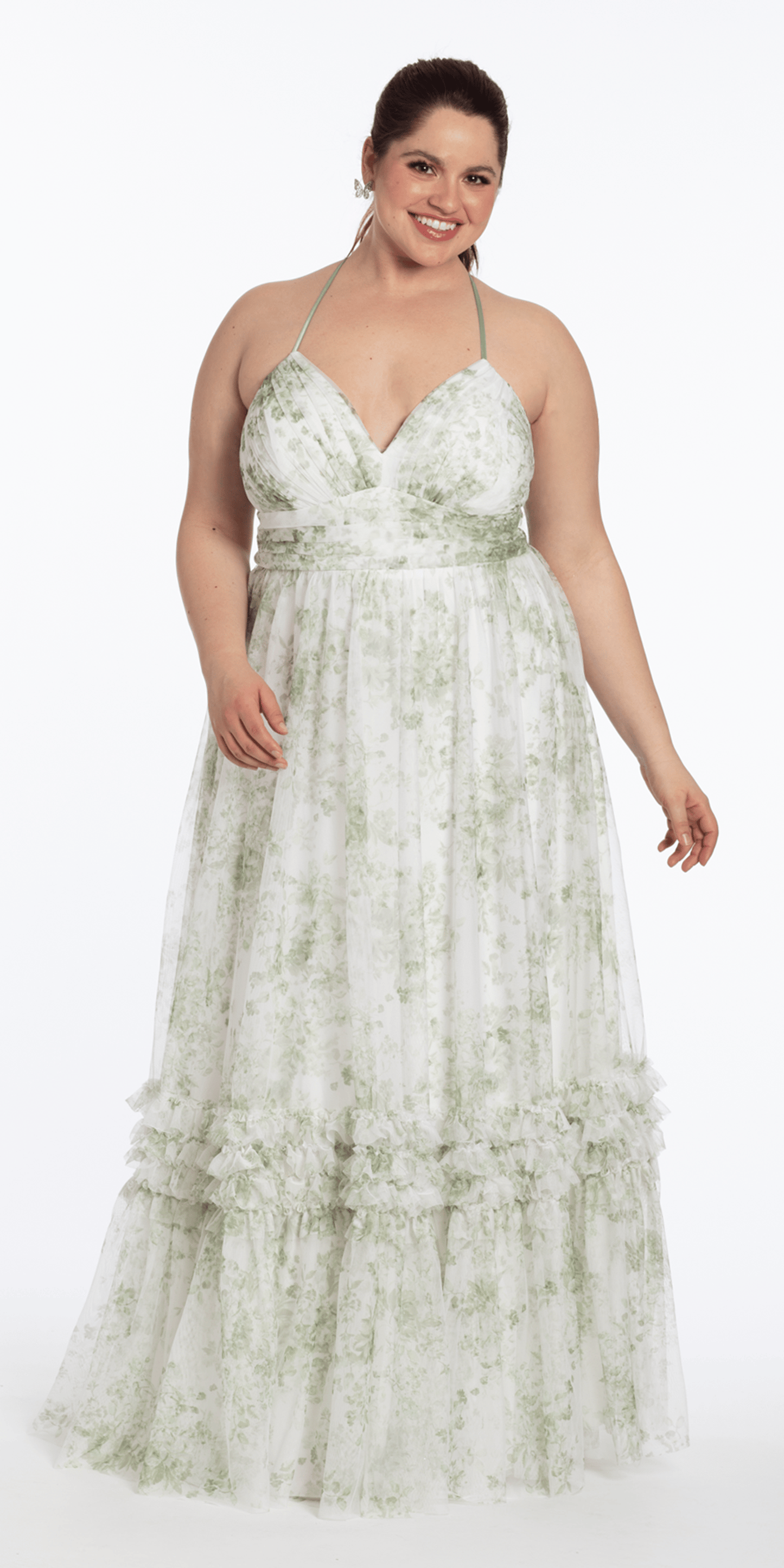 Floral Mesh Strappy Back Halter A Line Dress with Ruffle Tiered Hem - Camille La Vie