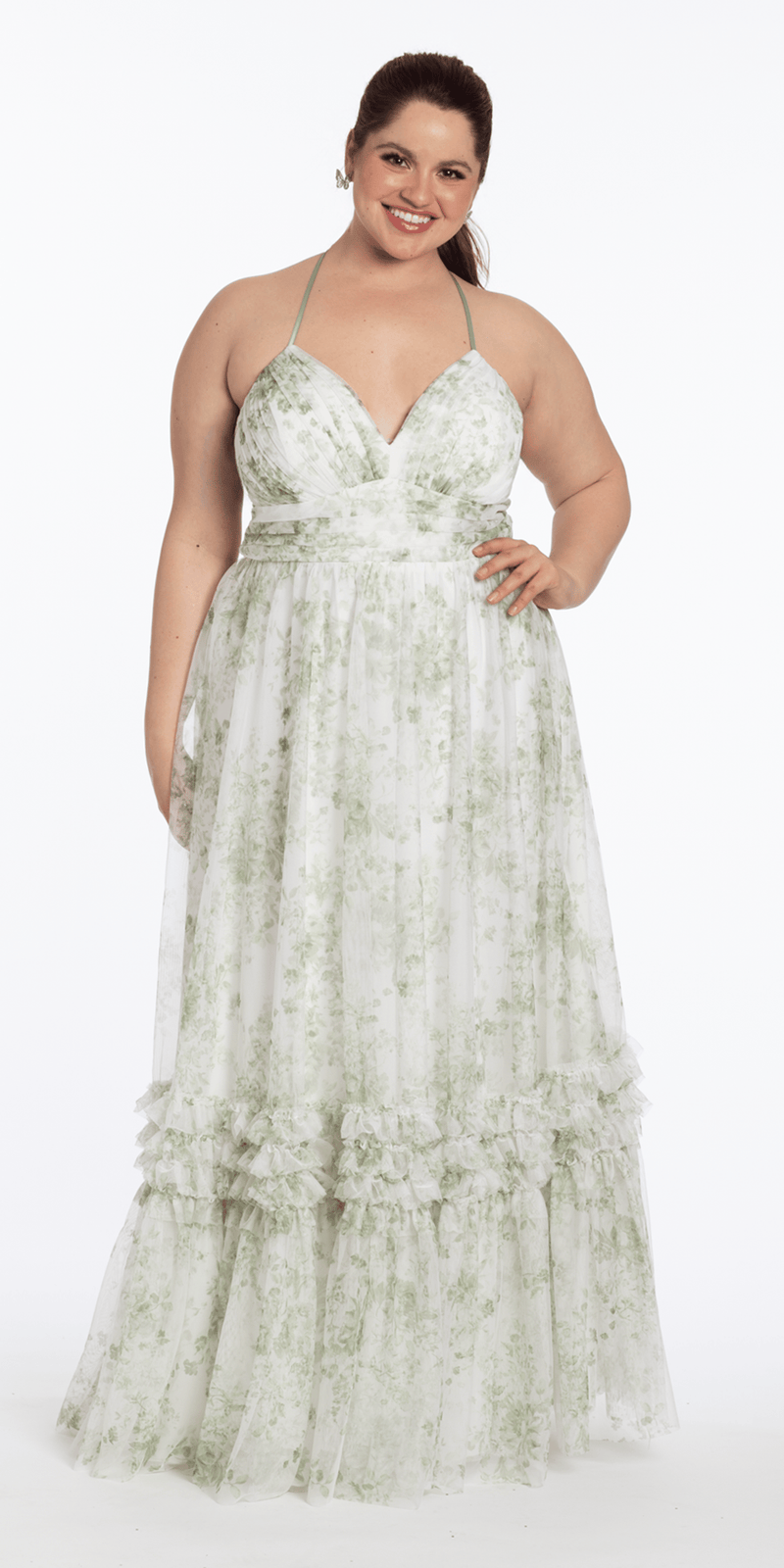 Floral Mesh Strappy Back Halter A Line Dress with Ruffle Tiered Hem - Camille La Vie