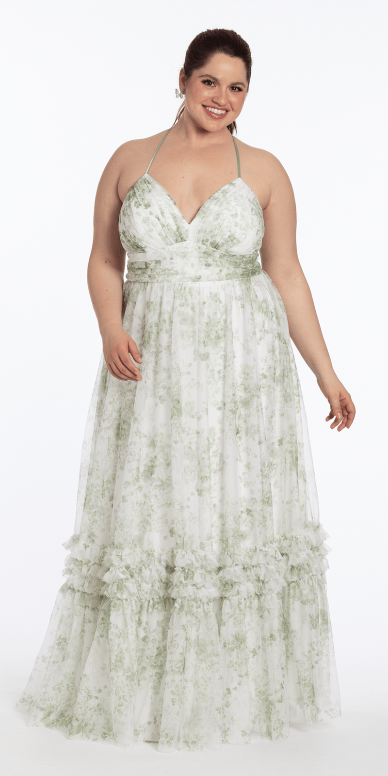 Floral Mesh Strappy Back Halter A Line Dress with Ruffle Tiered Hem - Camille La Vie