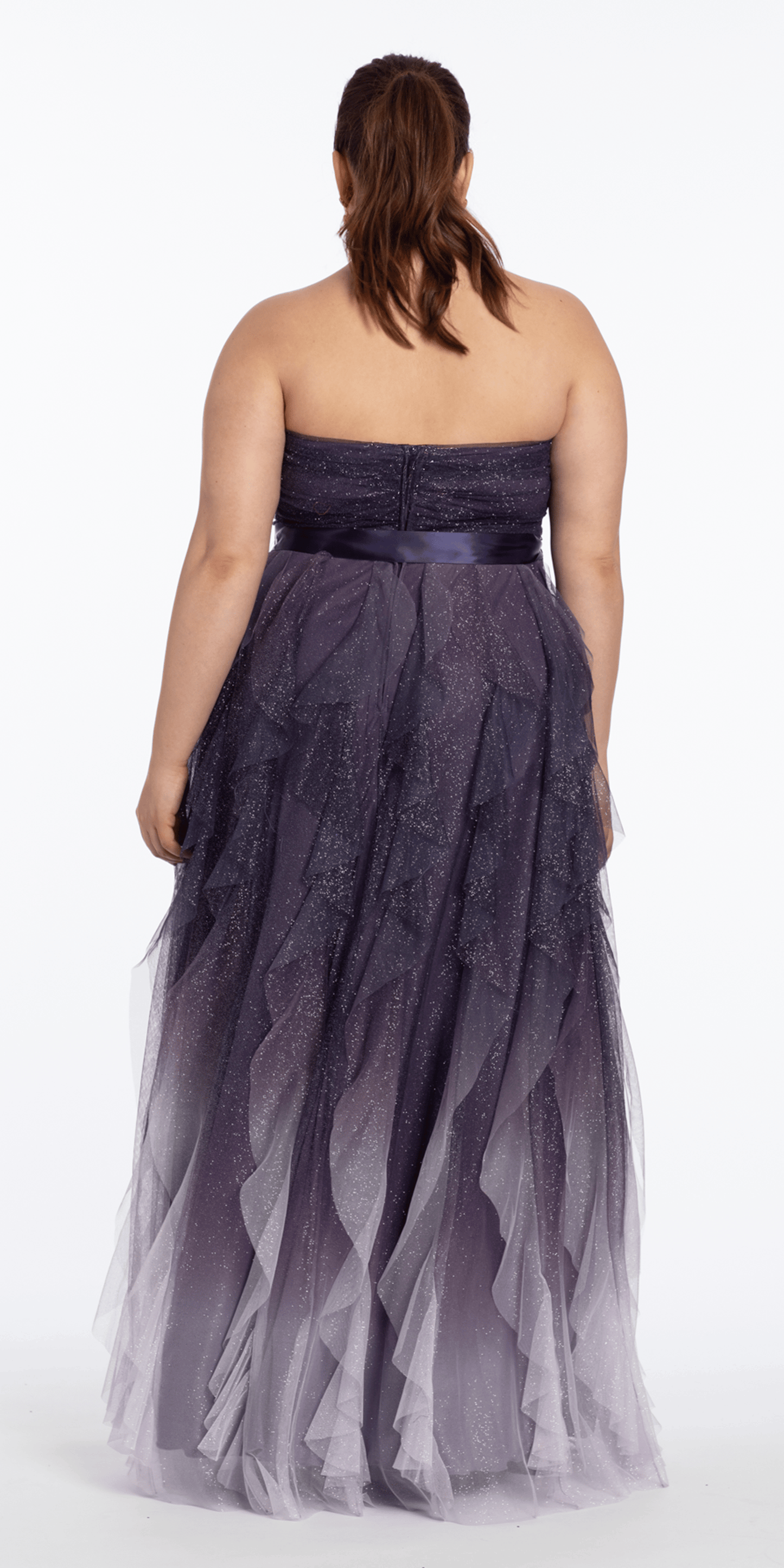 Pleated Strapless Ombre Glitter Mesh A Line Dress - Camille La Vie
