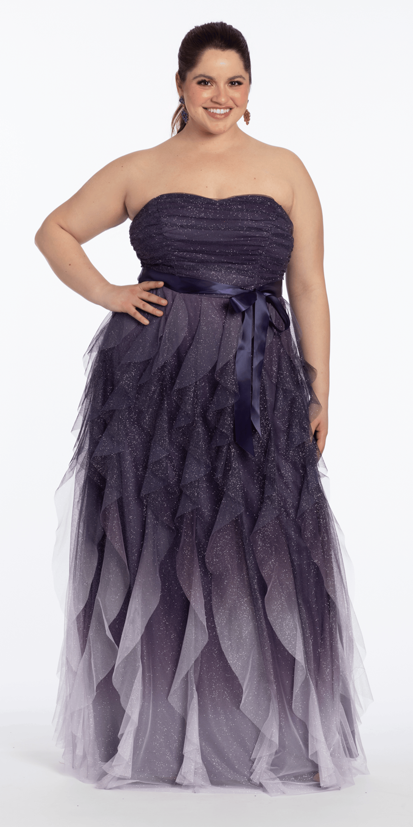 Pleated Strapless Ombre Glitter Mesh A Line Dress - Camille La Vie