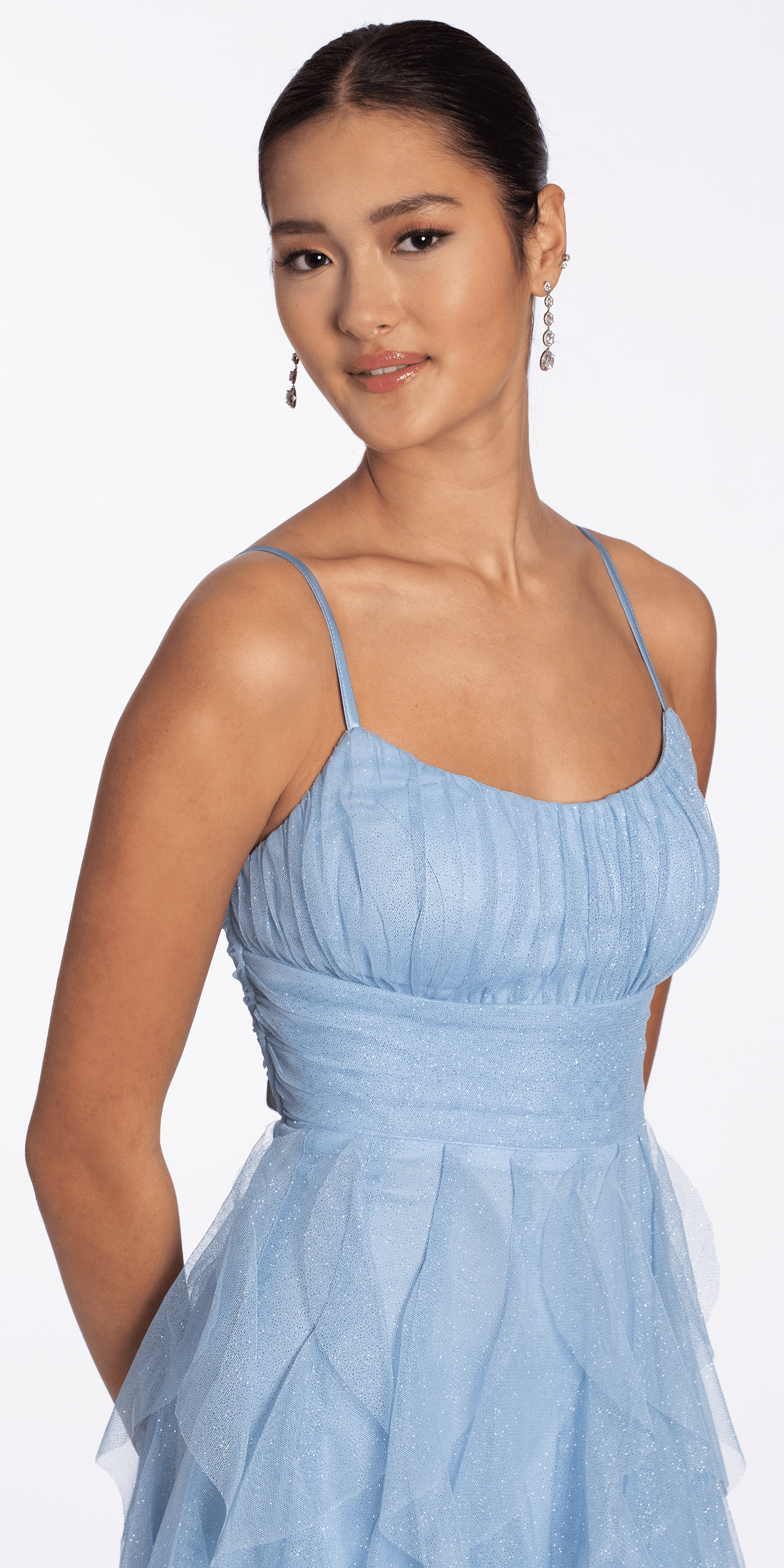 periwinkle/size/s/missy/Camille La Vie/Scoop Neck Glitter Mesh Lace Up Back High-Low Dress//close up