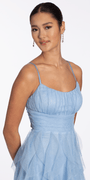 periwinkle/size/s/missy/Camille La Vie/Scoop Neck Glitter Mesh Lace Up Back High-Low Dress//close up