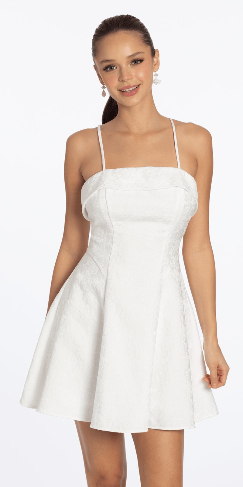 Floral Jacquard Foldover Square Neck Skater Dress - Camille La Vie