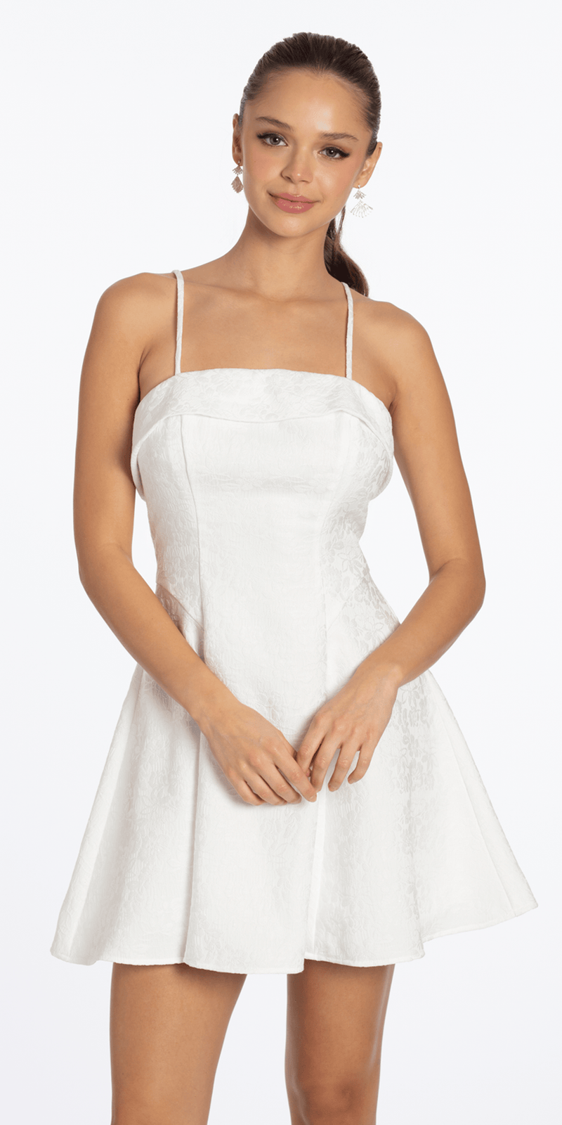Floral Jacquard Foldover Square Neck Skater Dress - Camille La Vie