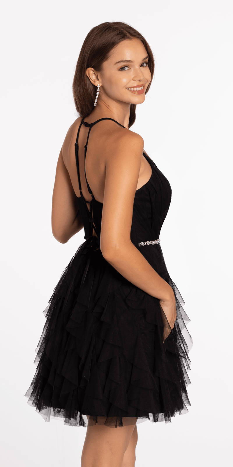Mesh Plunge Fit and Flare Dress with Pearl Waist Detail - Camille La Vie
