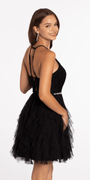 Mesh Plunge Fit and Flare Dress with Pearl Waist Detail - Camille La Vie