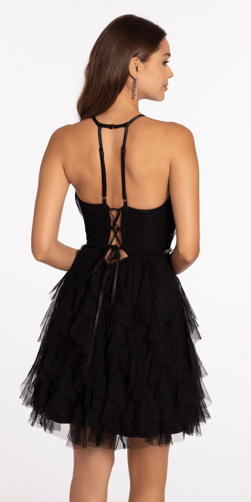 Mesh Plunge Fit and Flare Dress with Pearl Waist Detail - Camille La Vie