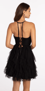 Mesh Plunge Fit and Flare Dress with Pearl Waist Detail - Camille La Vie