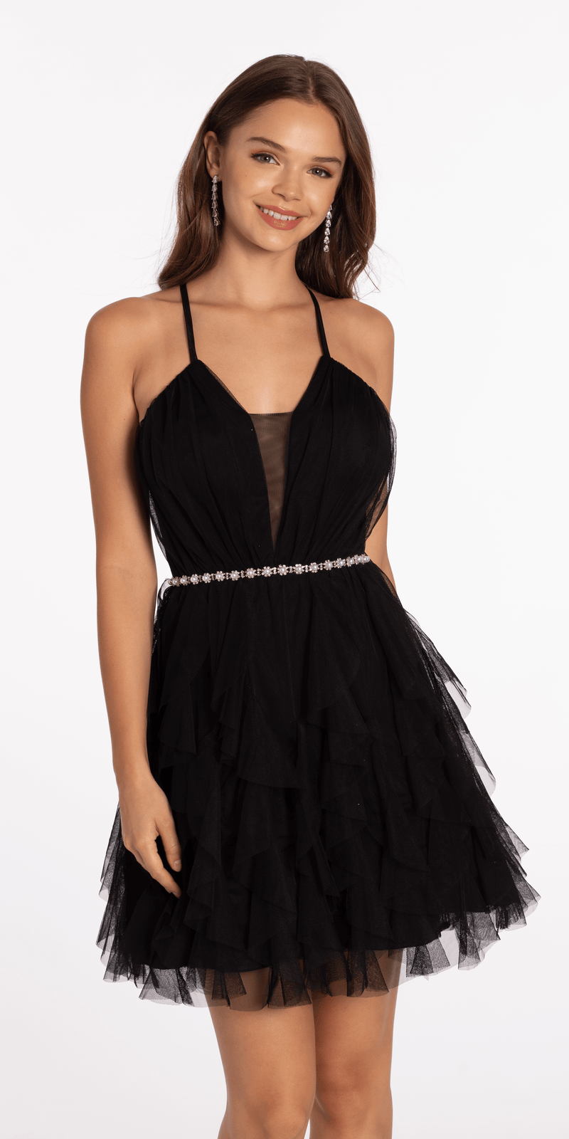 Mesh Plunge Fit and Flare Dress with Pearl Waist Detail - Camille La Vie