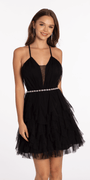 Mesh Plunge Fit and Flare Dress with Pearl Waist Detail - Camille La Vie