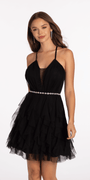 Mesh Plunge Fit and Flare Dress with Pearl Waist Detail - Camille La Vie