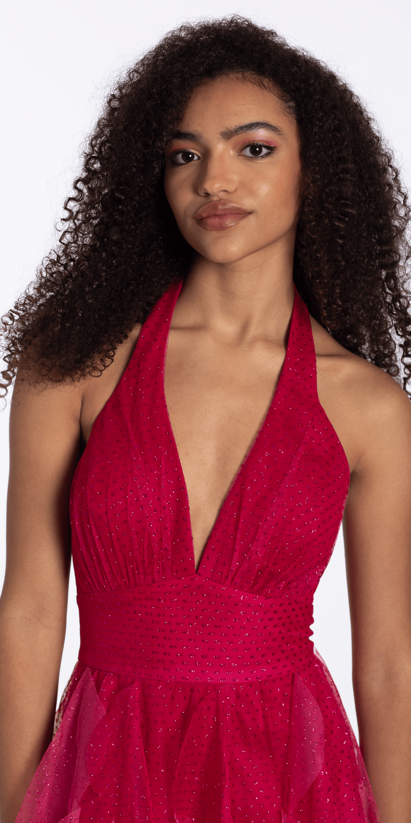 Camille La Vie Ombre Glitter Mesh Halter Fit and Flare Dress