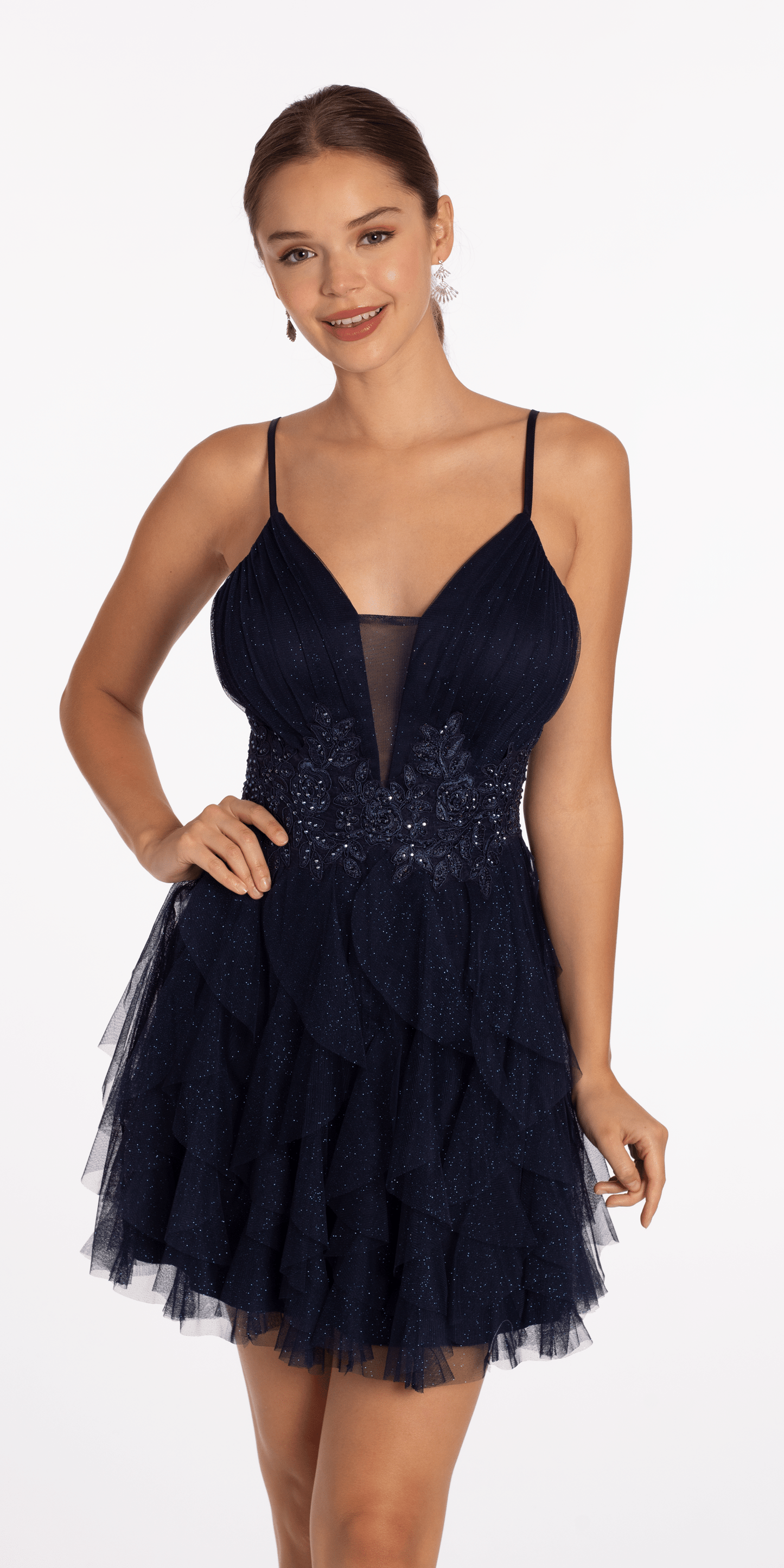 Glitter Illusion Tiered Plunge Fit and Flare Dress - Camille La Vie