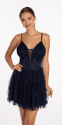 Glitter Illusion Tiered Plunge Fit and Flare Dress - Camille La Vie
