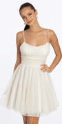 Glitter Mesh Scoop Neck Fit and Flare Dress with Pearl Straps - Camille La Vie