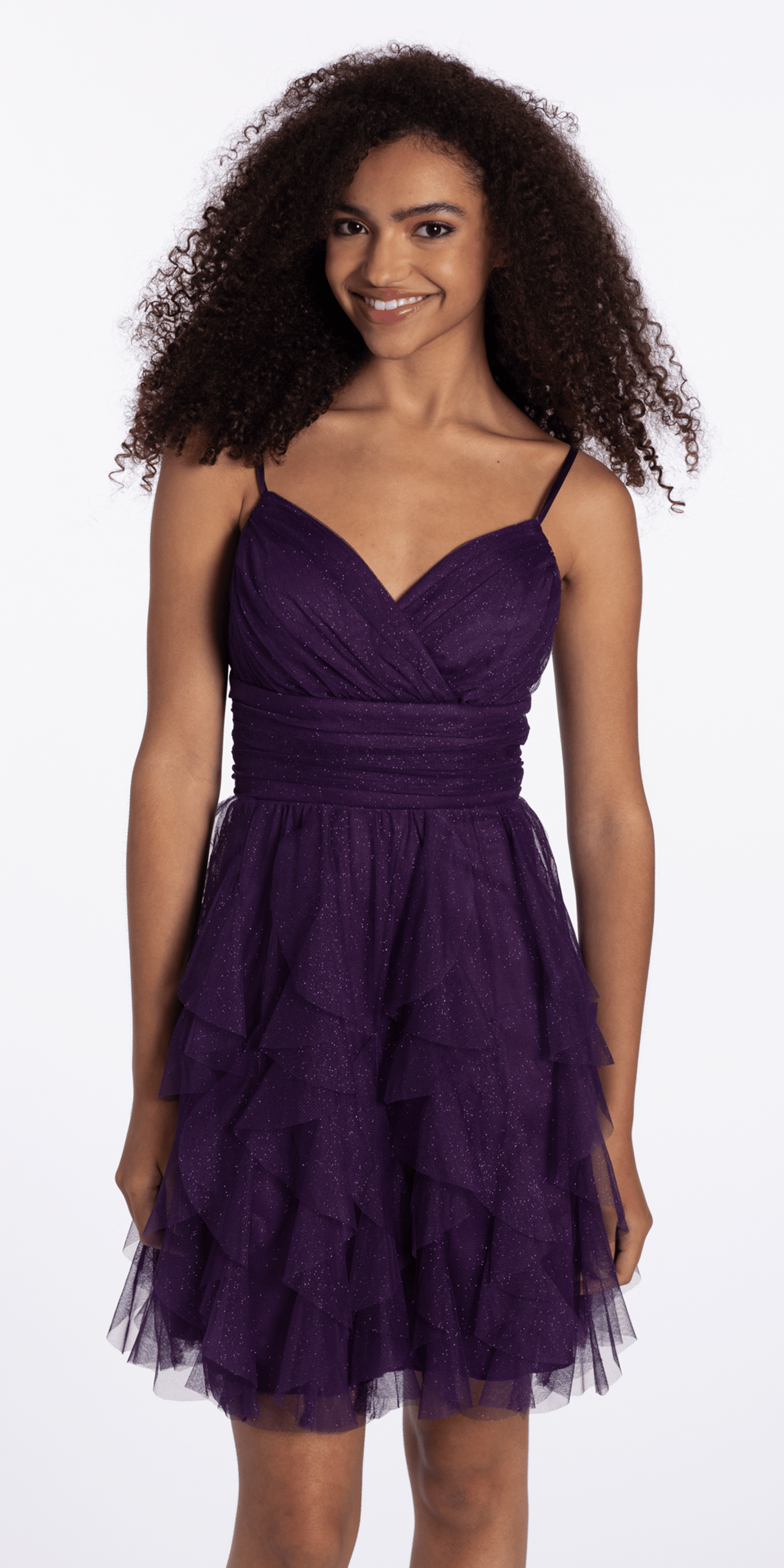 Camille La Vie Lace Up Back Tiered Glitter Mesh Fit and Flare Dress junior / 4 / grape