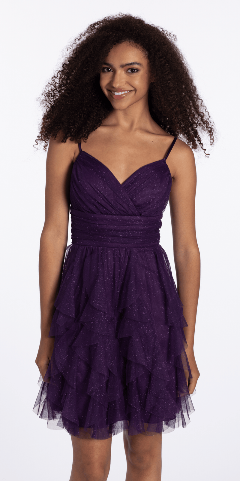 Camille La Vie Lace Up Back Tiered Glitter Mesh Fit and Flare Dress junior / 4 / grape