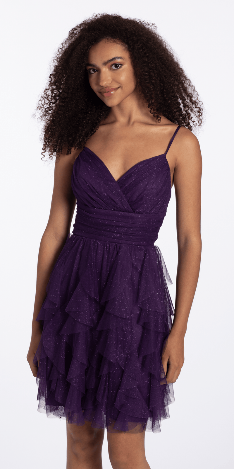 Camille La Vie Lace Up Back Tiered Glitter Mesh Fit and Flare Dress