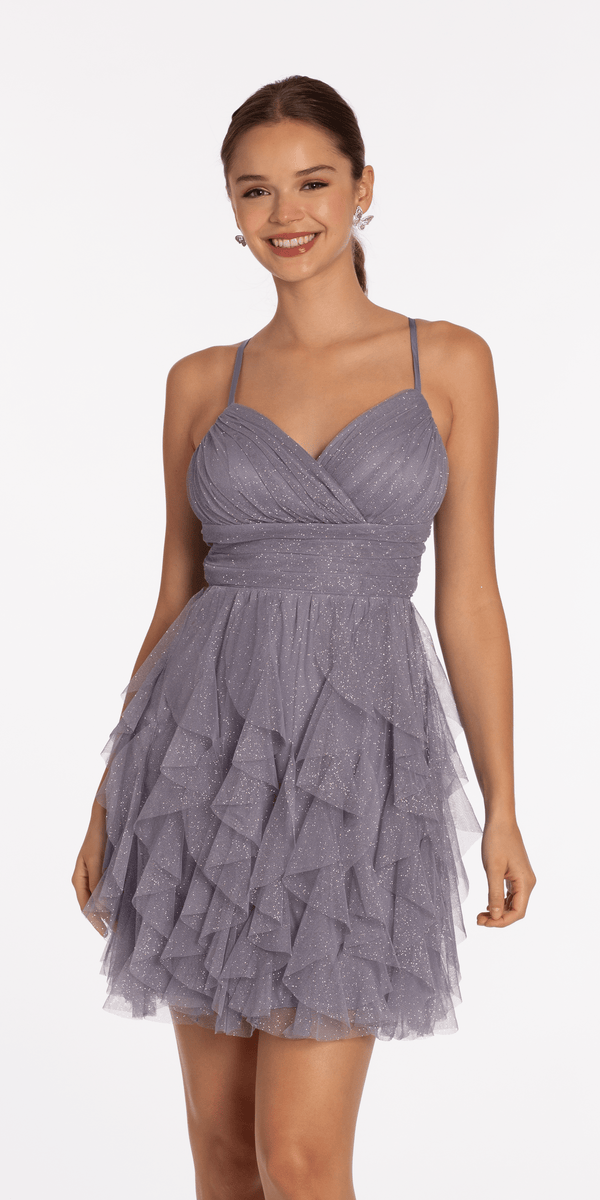 Lace Up Back Tiered Glitter Mesh Fit and Flare Dress - Camille La Vie