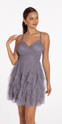 Lace Up Back Tiered Glitter Mesh Fit and Flare Dress - Camille La Vie