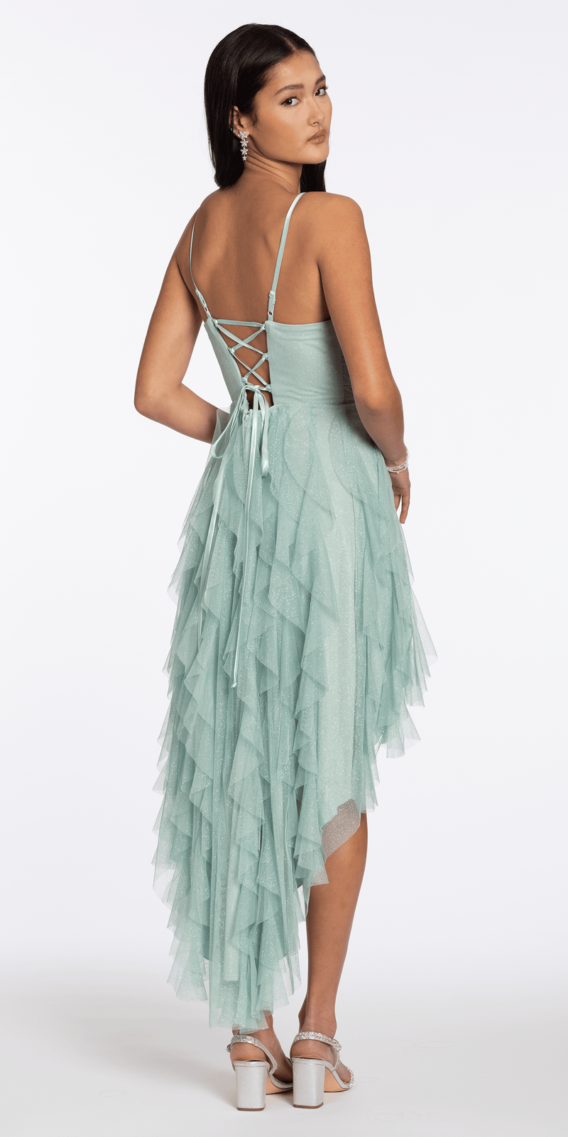 sage/size/4/missy/Camille La Vie/Sweetheart Glitter Mesh Corset High Low Dress/back
