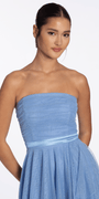 blue/size/s/missy/Camille La Vie/Pleated Glitter Mesh Strapless Dress with Asymmetrical Hem/close up