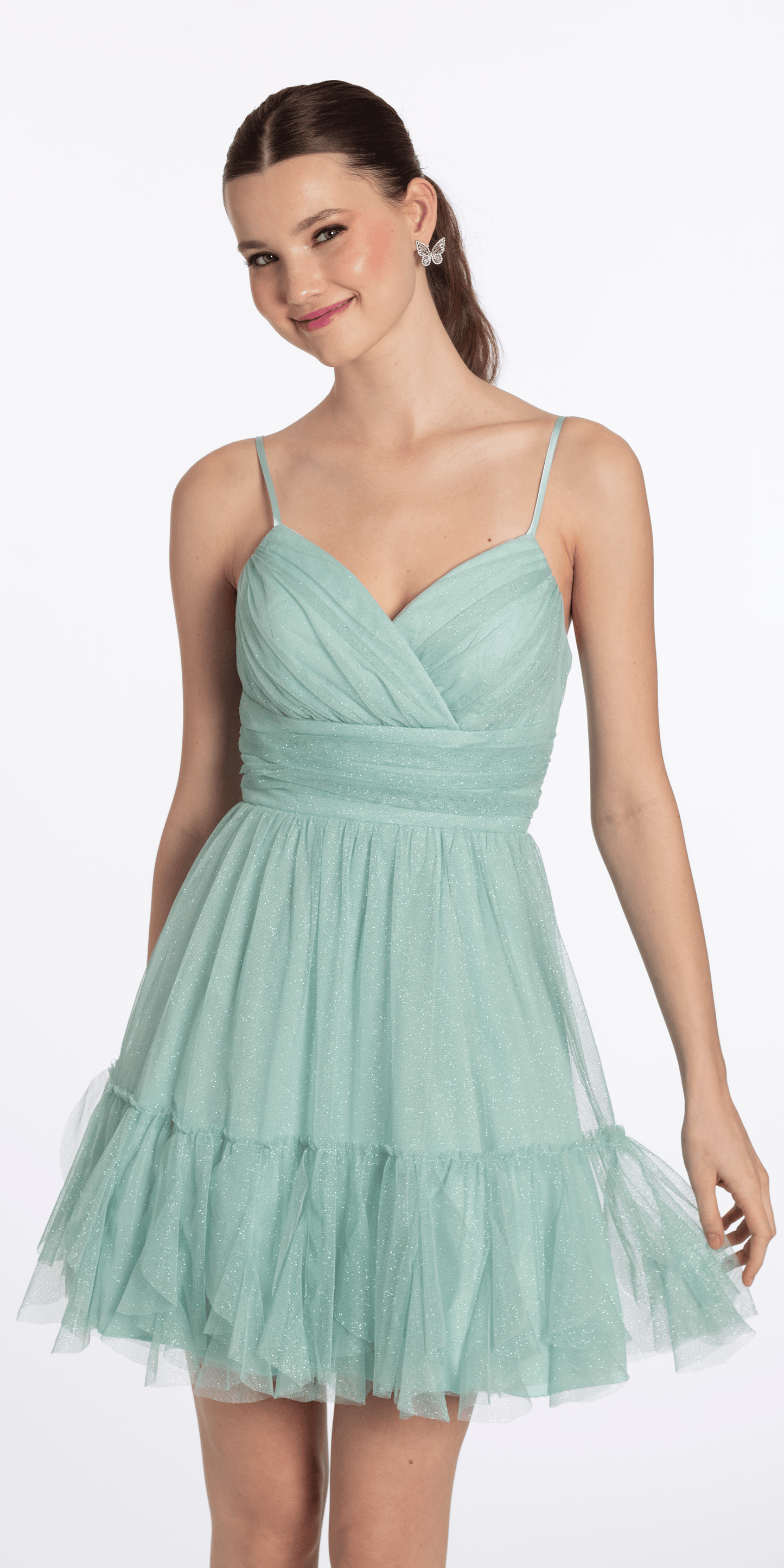 Glitter Mesh Fit and Flare Dress with Ruffle Hem - Camille La Vie