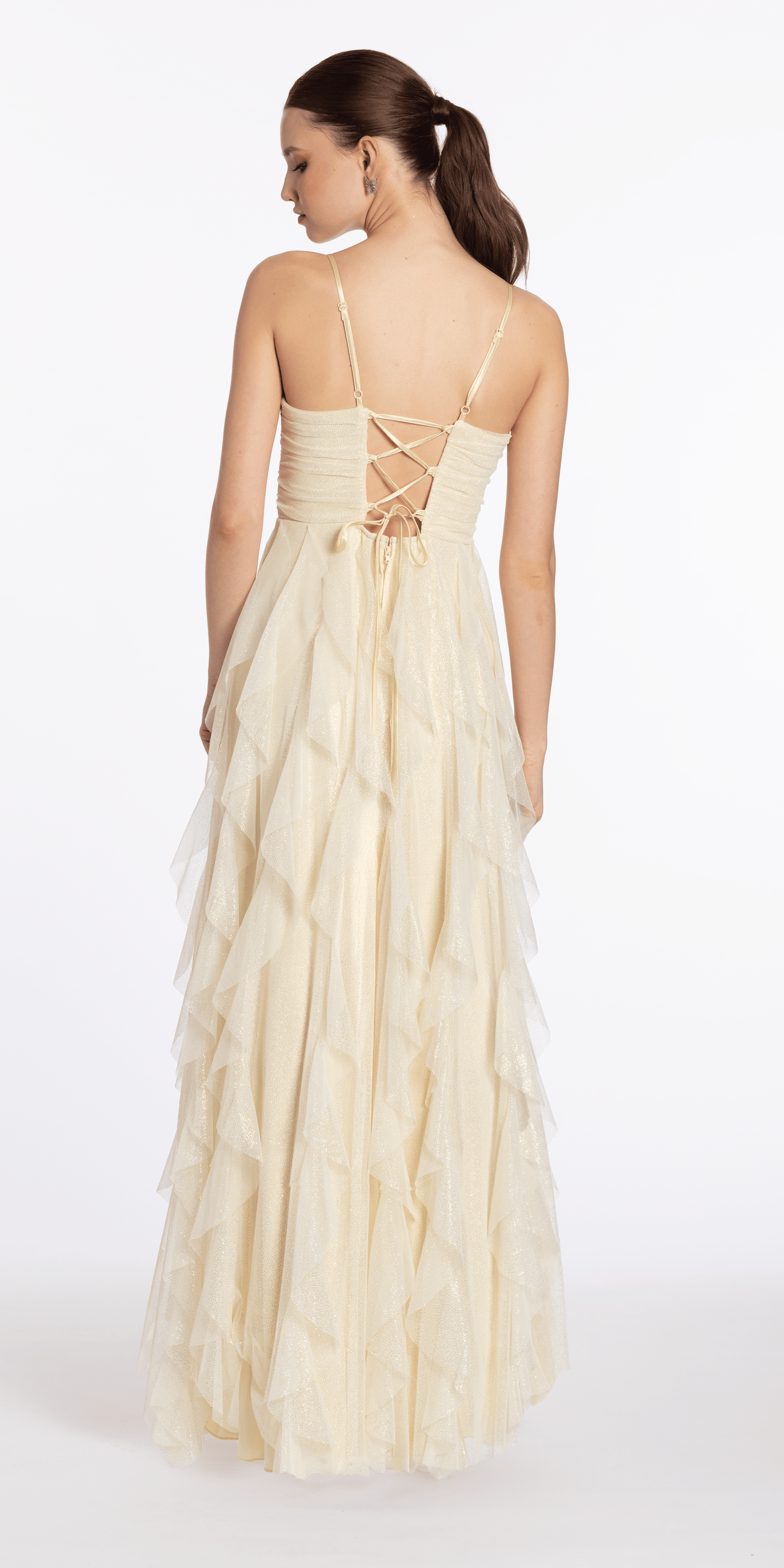 Glitter Mesh Sweetheart Keyhole Column Dress with Tendrils - Camille La Vie