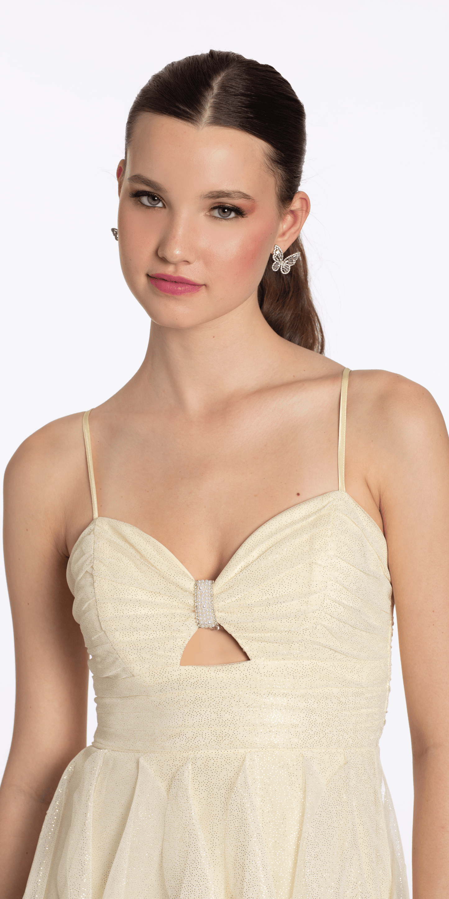 Glitter Mesh Sweetheart Keyhole Column Dress with Tendrils - Camille La Vie