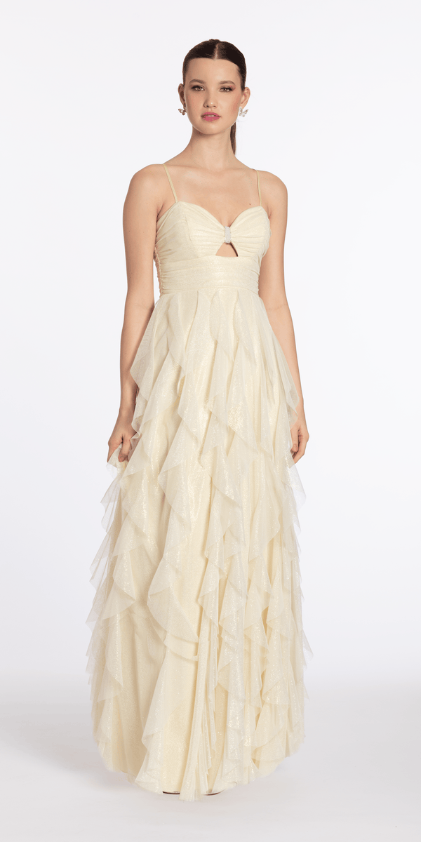 Glitter Mesh Sweetheart Keyhole Column Dress with Tendrils - Camille La Vie