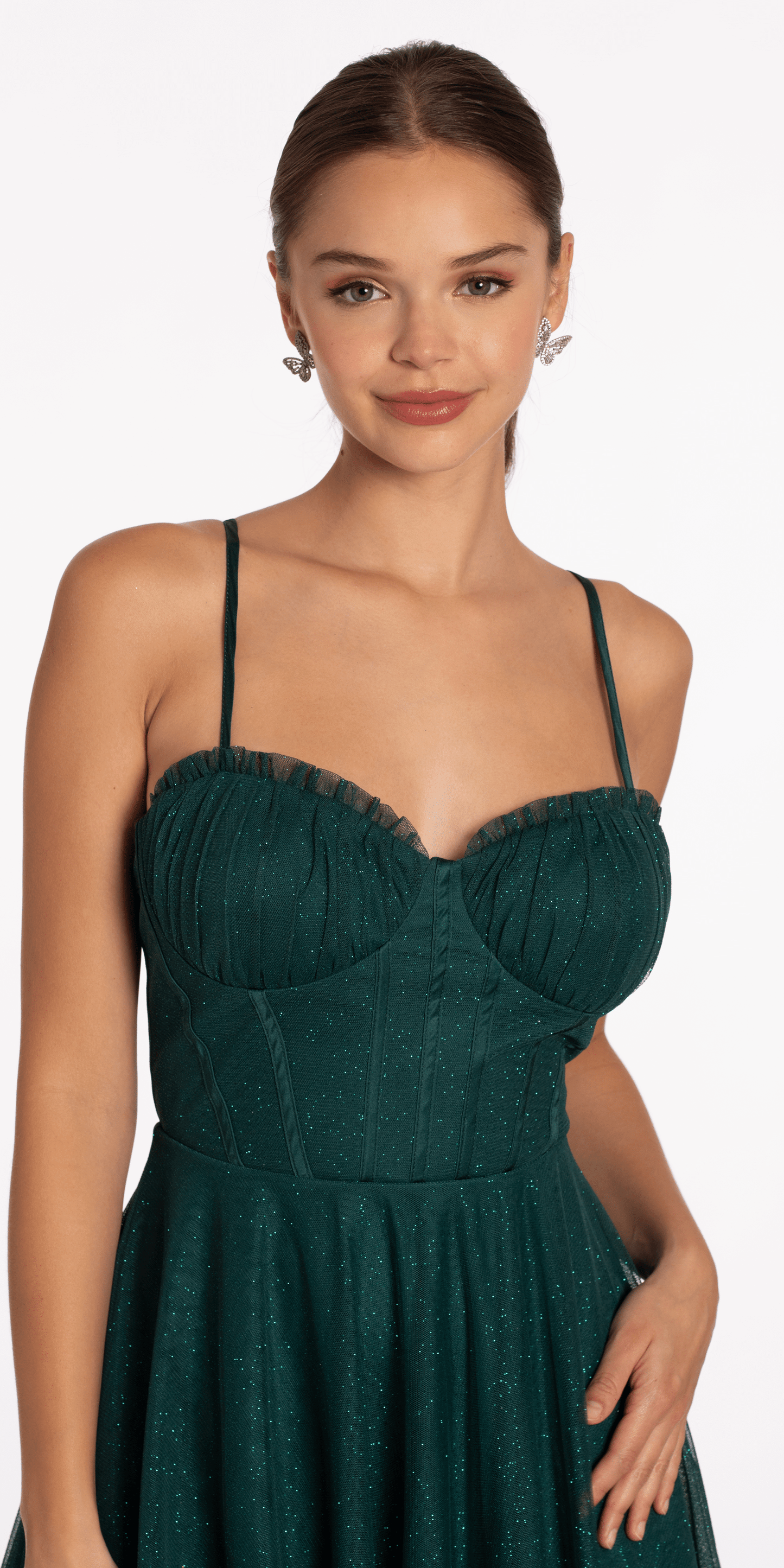 Glitter Mesh Sweetheart Pleated Tea Length Dress - Camille La Vie
