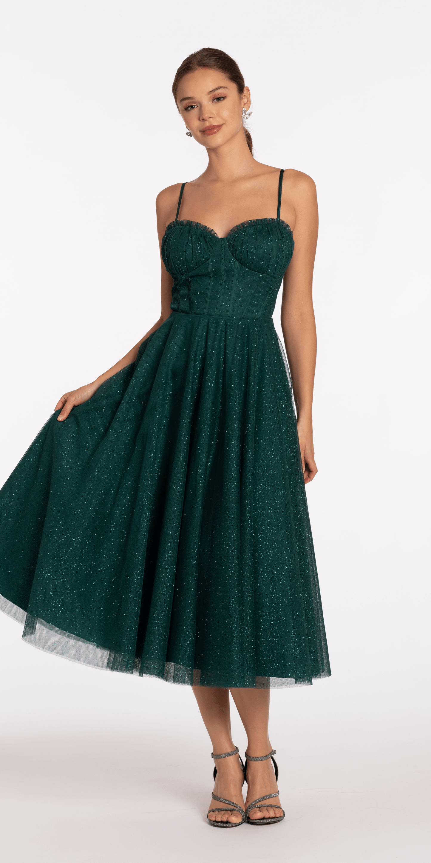 Glitter Mesh Sweetheart Pleated Tea Length Dress - Camille La Vie