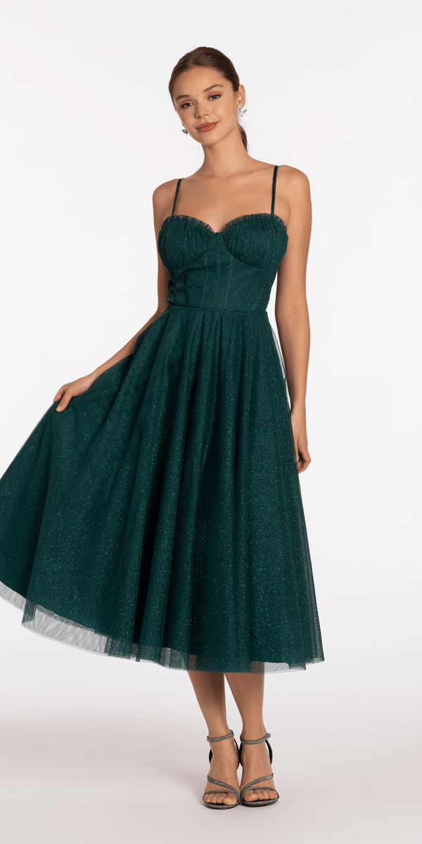 Glitter Mesh Sweetheart Pleated Tea Length Dress - Camille La Vie