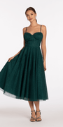 Glitter Mesh Sweetheart Pleated Tea Length Dress - Camille La Vie