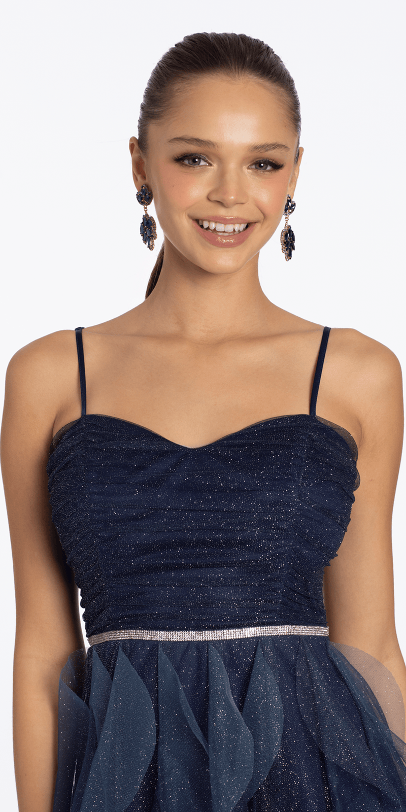 Strappy Back Ombre Glitter Mesh A Line Dress with Rhinestone Detail - Camille La Vie